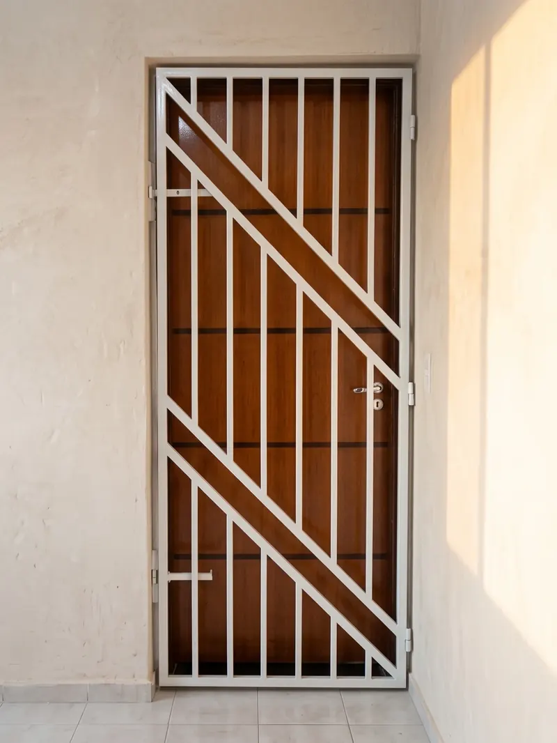 Grade de proteção em ferro sobre porta, com barras diagonais